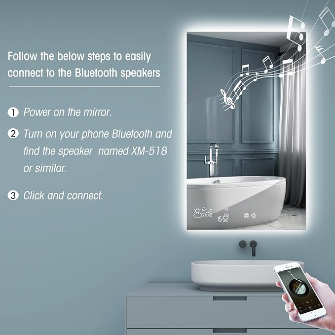 BYECOLD Smart Bathroom Mirror with Bluetooth 36”X 24” WiFi Enabled Weather Display, Fog Free, Backlit Frameless Brightness Adjust, Memory Function Touch Sensor - Horizontally Only