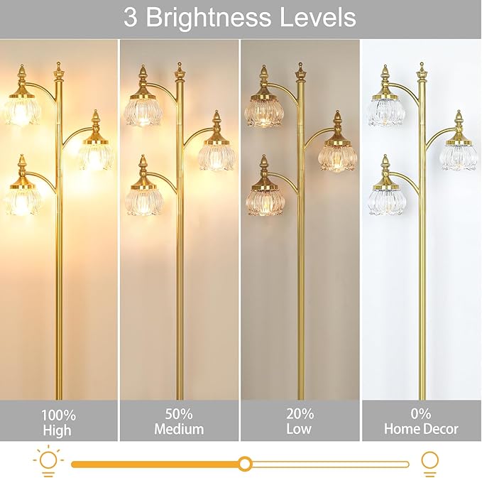 Floor Lamp Gold Glass Brass 66.5in Tall Standing Lamp for Living Room with 3 Brightness Lights Vintage Tree Flower Lamp for Bedroom Office(3LED Bulbs Included)