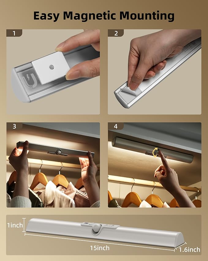 EZVALO 15in Motion Closet Lights with Rotatable Sensor, Rechargeable Under Cabinet Lighting, No-Glare, 3 Color Temps & Dimmable LED Sensor Light Indoor for Pantry, Wardrobe - 2Pack