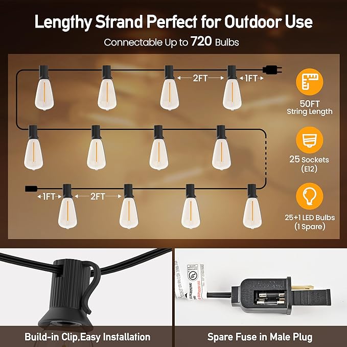 Outdoor String Lights 50 FT 26 Shatterproof LED Bulbs, UL Certified Patio Lights Outdoor Light Strings Waterproof for Patio Yard Outside Party Wedding, Connectable Dimmable 25 Sockets 2700K