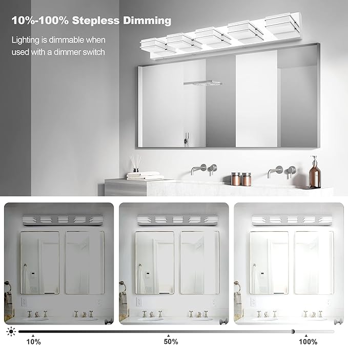3 Color Temperature Dimmable Vanity Lighting Fixtures, LED Chrome 5 Light Bathroom Vanity Light, Acrylic Stainless Steel Square Shade Vanity Lights for Bathroom, ETL Certificated
