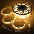Outdoor COB LED Strip Light Waterproof 100FT/30M One Roll AC 110V LED Rope Light Warm White 3000K High Density 288Leds/M Flexible COB Strips Lighting with Switch Plug in for Bedroom Building Decor