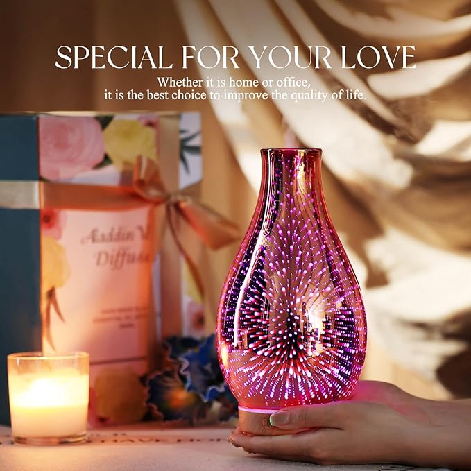 Porseme Essential Oil Diffuser 3D Glass Aromatherapy Ultrasonic Humidifier Cool Mist, Auto Shut-Off, Timer Setting, BPA Free for Home Office Hotel Yoga Gym Leisure SPA Gift 100ml
