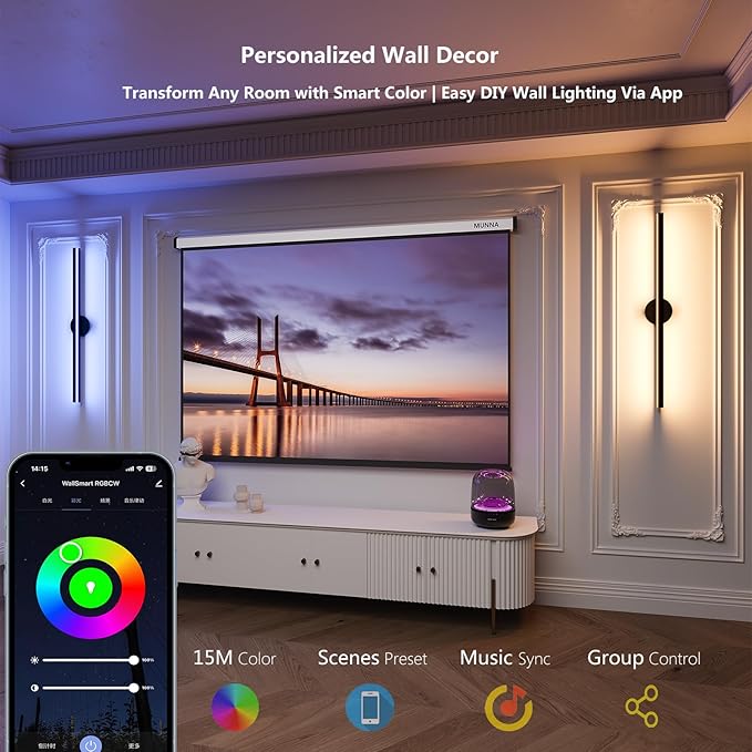 Smart LED Wall Sconce Alexa & Google Home Compatible, 35.4" Plug-in/Hardwire RGBCW Wall Mount Light Bar, Color Changing & White Dimmable, Modern Wall Lamp for Bedroom, Living Room Decor, 1pcs