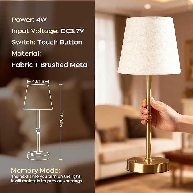 Cordless Table Lamp Rechargeable, LED Table Lamps with Touch Control, Stepless Dimmable Bedside Lamp, 6000mAh Battery Operated USB-C Lamp for Bedroom, Dining, Patio, Small Fabric Lamp Gold
