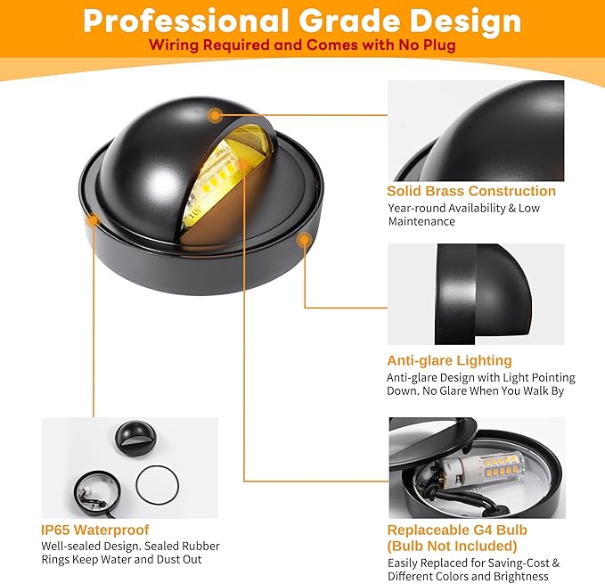 Gardenreet Low Voltage Deck Lights - Solid Brass Landscape Step Lights LED, 12V Hardwired IP65 Waterproof, Outdoor Black Round Lighting for Stair Fence Wall Yard Without G4 Bulb 4 Pack
