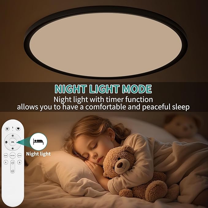 24 Inch LED Flush Mount Ceiling Light,56W Ultra-Thin Modern Round Light Fixture with Remote,Dimmable 3000K-6000K,Black,5600LM,Memory & Night Light Mode for Bedroom, Kitchen,Living Room