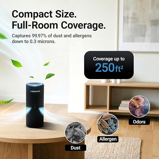 LabCharge Small Ionic Air Purifier for Home & Bedroom – Silent HEPA Filter – Covers 250 Sq Ft - Free Cleaner for Pets, Hair, Smoke, Dust, Odors & Dander – Compact & Black Design - Pack of 5