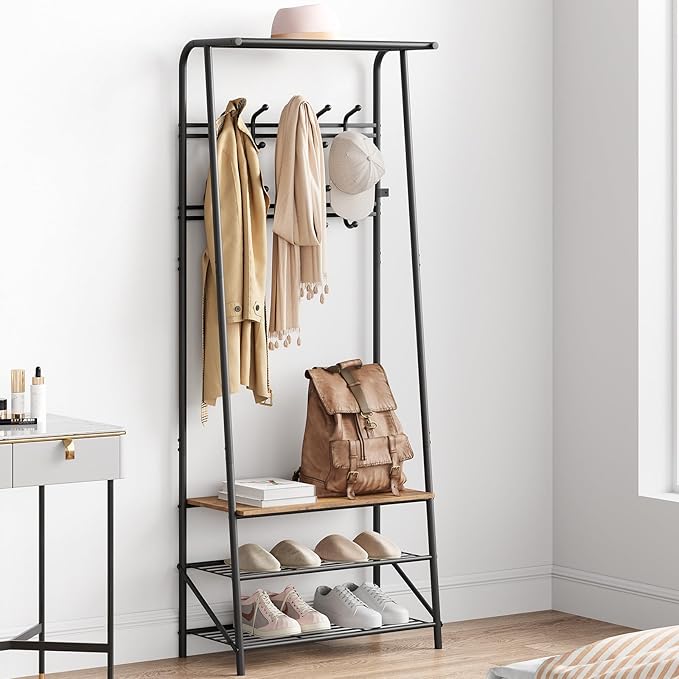 Coat Rack Hall Tree with Shoe Storage Bench, 4-in-1 Entryway Bench with 6 Hooks & 3-Tier Shoe Rack, Metal Frame for Entryways, Freestanding Coat Racks Storage for Entryway, Hallway, Front Door