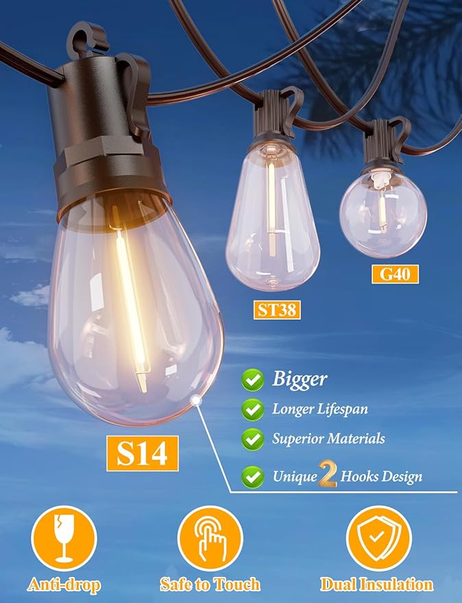 Brightever 150FT Outdoor String Lights, Patio Lights with 45+2 S14 Shatterproof E12 Base LED Bulbs, Outside Hanging Decorative Lights Waterproof for Porch, Balcony, Backyard, Bistro, 2700K Dimmable