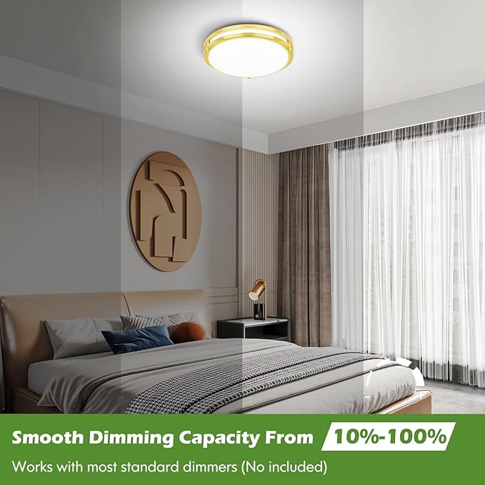 GoBright 36W LED Ceiling Lights for Bedroom Kitchen, 12 Inch 3600lm Super Bright Dimmable Gold Flush Mount Light Fixtures, 2700K/3000K/4000K/5000K/6500K Adjustable Modern Lamps for Hallway