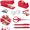 SKYDUE Red Office Supplies Set, Desk Accessories, Stapler, Tape Dispenser, Scissors, Binder/Paper Clips and 1000pcs Staples, Office Decor for Women