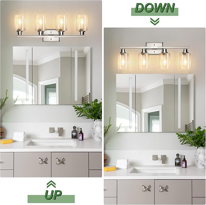 Ascher Bathroom Light Fixtures, 4-Light Vanity Lights with Clear Glass Shade, Modern Brushed Nickel Wall Light for Mirror Bedroom Hallway Cabinet Porch