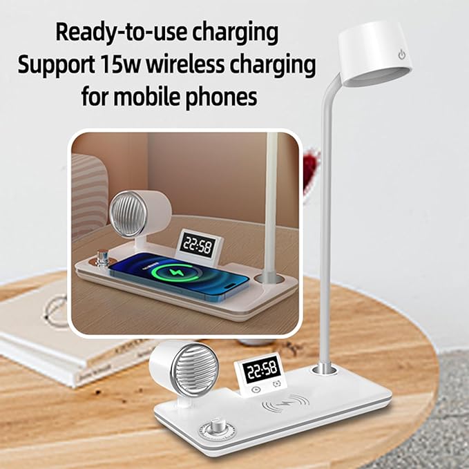 All-in-One Bedside Lamp with Wireless Charger, Digital Clock, Bluetooth Speaker & Adjustable Lighting - 15W Fast Wireless Charging, Dimmable 3 Color Modes, Flexible Gooseneck,HYT-1772 White.