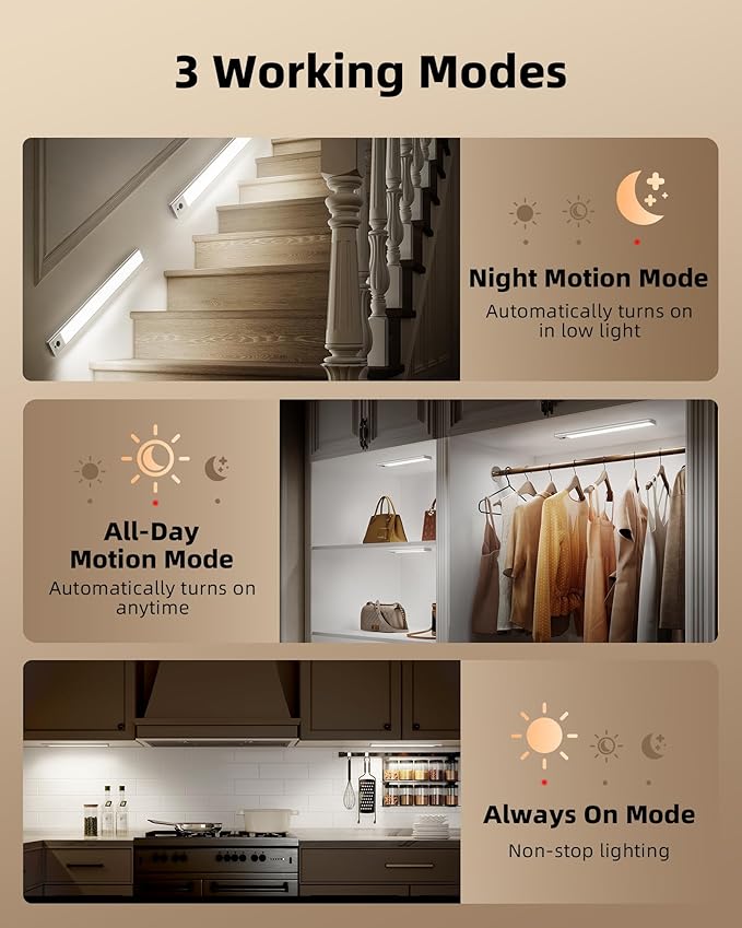 EZVALO 3-Pack Under Cabinet Lighting, 4000mAh Rechargeable Motion Sensor Light, 16inch Magnetic Closet Lights with Dimmable & 3 Color Temps, Wireless Motion Activated Lights with Remote for Kitchen
