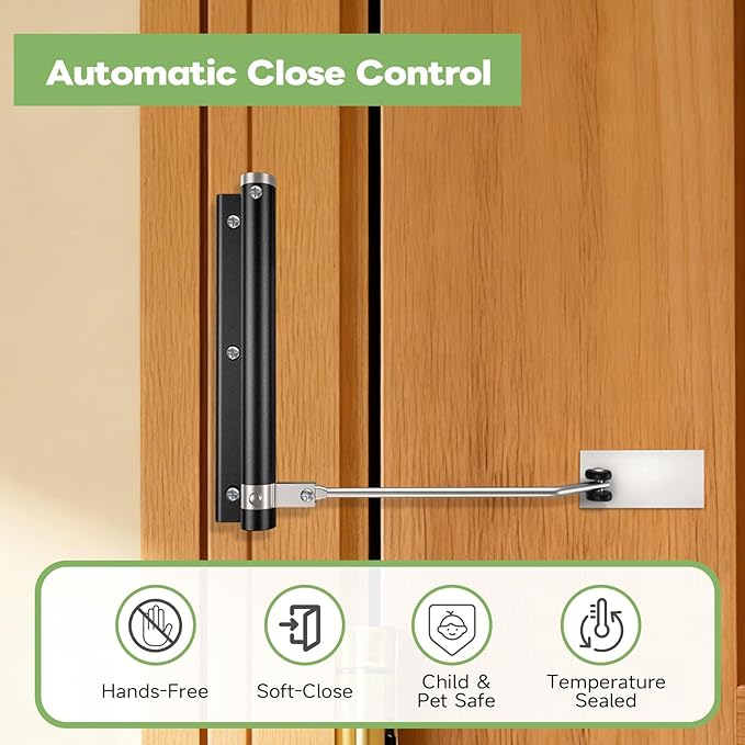 Automatic Door Closer, Stops Door Slamming, Ultra-Quiet Soft Close for Home & Apartment Doors, Upgraded Aluminum Roller Arm, Scratch-Free, Adjustable Speed, Self Closing Spring Door Closer, White