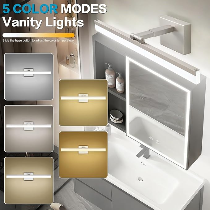SOLFART LED Vanity Lights Fixtures - 24 inch Brushed Nickel Retractable Modern Bathroom Light Fixture Over Mirror 5CCT