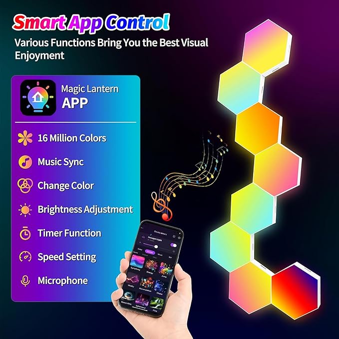 8 Pack DIY Hexagon LED Lights, Music Sync RGB Gaming Lights with APP Smart Wall Lights for Bedroom Living Room Decor