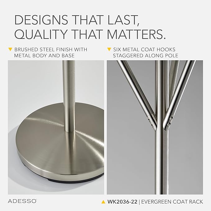 Adesso Evergreen Coat Rack with Brushed Steel Finish – Space-Saving Entryway Organizer Perfect for Coats, Bags, Purses and Hats – 6 Hooks, 67" Tall