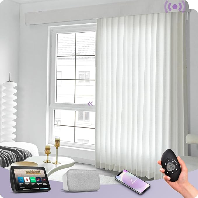 Graywind Rechargeable Smart Curtains Compatible with Alexa Google Remote Control Automatic Drapes for Sliding Door Room One-Way or Split Draw Joinable Curtain Custom Width Up to 220"(Pure White)
