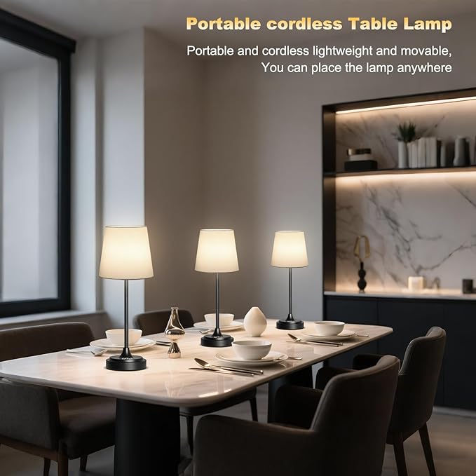 Cordless Table Lamp Rechargeable,5000mAh Battery Operated Desk Lamp,3 Colors & 7 RGB Stepless Dimmable,Touch Control Ambient Light for Bedside,Bedroom,Dining Room,Living Room,Black,WhiteShade
