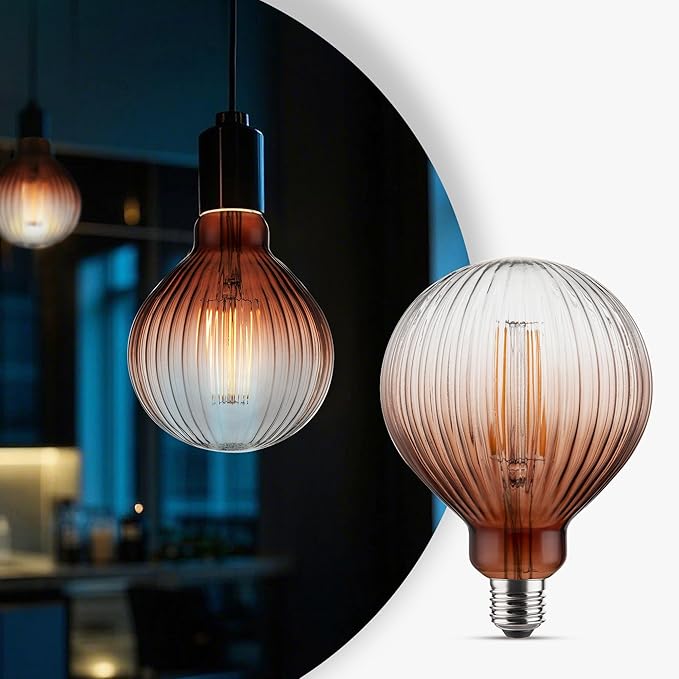 Vintage Edison LED Bulbs, Dimmable 4W Globe G125, 2200K Warm White Ambient Mood Lighting for Decoration, Squirrel Cage Filament, Gradient Brown Striation Figure Glass LED Light Bulbs, E26 Base