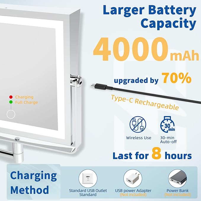 Ruacq Rechargeable Wall Mounted Makeup Mirror with Lights, Double Sided 1X/10X Magnifying Vanity Mirror with 3 Color Lighting, Touch Screen Dimmable, 360° Rotation Extension Foldable Arm(Chrome)
