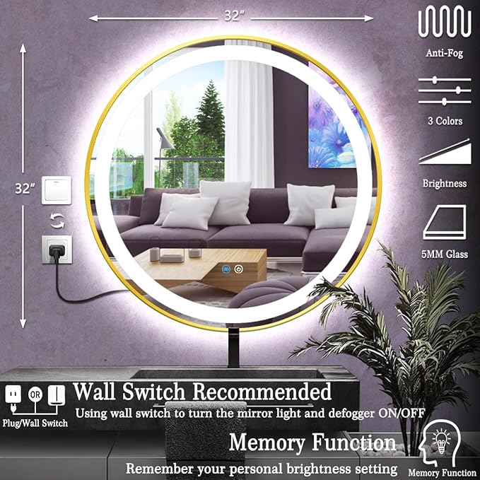32 inches Round Gold Frame LED Bathroom Mirror, Wall Mount Home Mirror with 3 Color Dimmable Lights, Anti-Fog Smart Touch Sensor Mirror