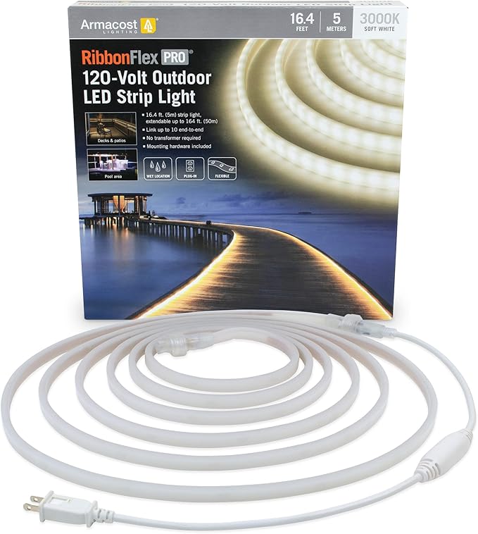 Armacost Lighting RibbonFlex Pro Outdoor 16.4 ft 120V Plug-in Soft White 3000K LED Strip Light Kit 149430