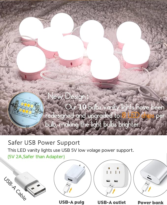 Led Vanity Mirror Lights, Vanity Lights for Makeup Dressing Mirror Lighting,10 Dimmable Bulbs,Adjustable Light Color & Brightness,USB Cable