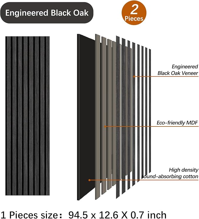 Wood Panels for Wall - 2 Pack Black Panels for Wall Decor - Black Oak Wood Veneer Sound Absorbing Panel - Black Wall Panels 12.6" W x 94.5" L