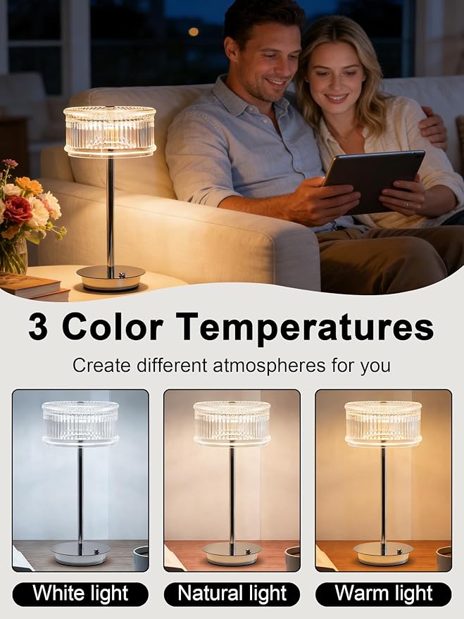 Cordless Table Lamp,LED Desk Lamp Rechargeable Bedside Lamps,3 Colors Dimmable Night Light Portable Touch Lamp,Acrylic Crystal Reading Light for Bedroom Living Room Kitchen Ambient Lighting Home Decor