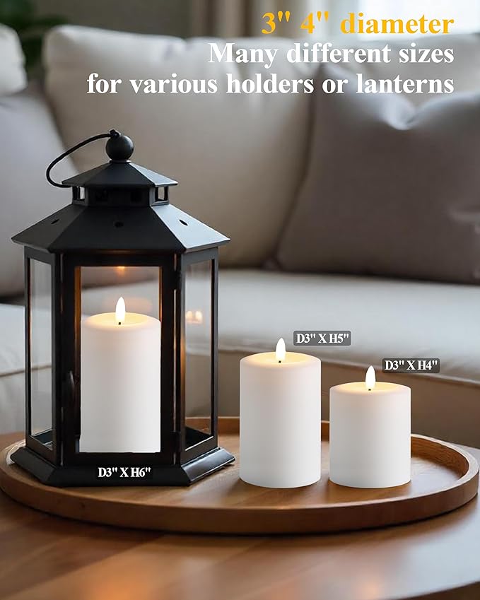 3"x5" Flickering Flameless Candles with Remote Timer, Real Wax, White Pillar Candles, Set of 3 Large LED Battery Operated Candles for Home, Fireplace, Centerpiece, Rustic and Farmhouse Decor