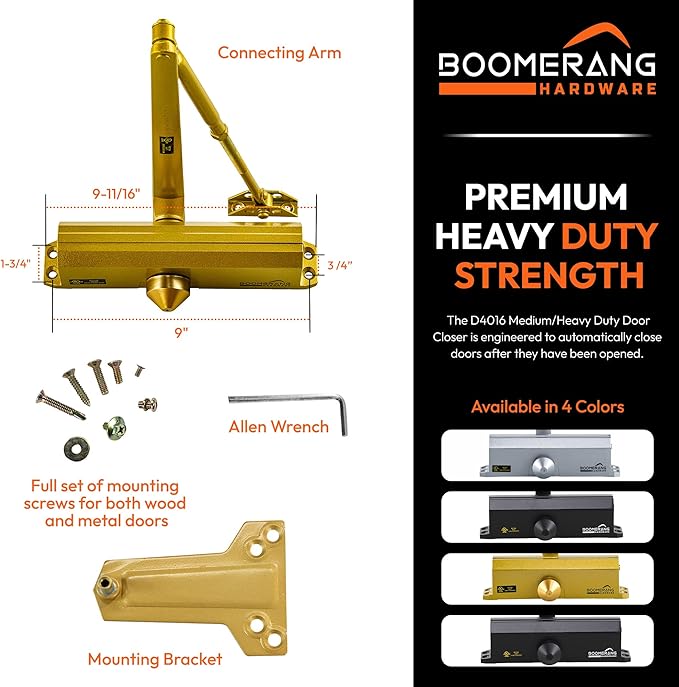 Boomerang Medium/Heavy Duty Automatic Commercial Door Closer -D4016 Surface Mounted, Grade 1- ADA & UL 3 Hour Fire Rated, Adjustable Size 1-6 for Entry & Aluminum Storefronts, Painted Brass/Gold (US4)