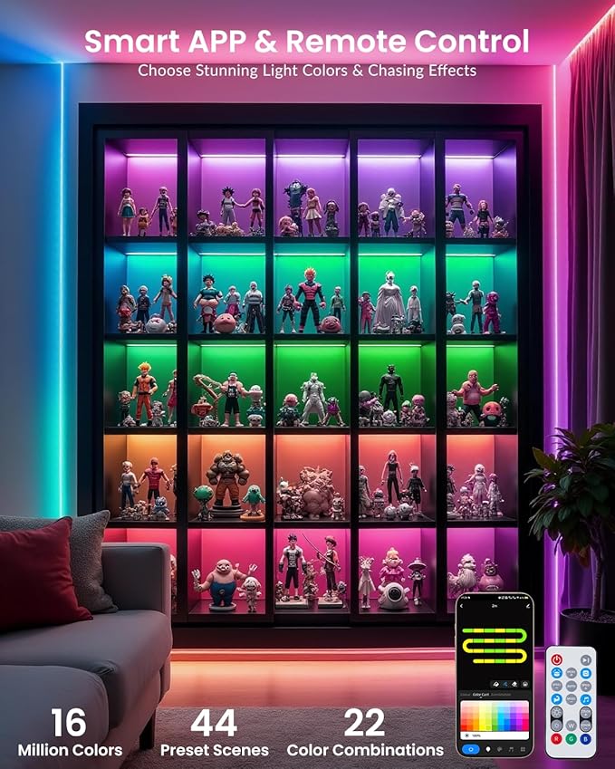 Pak LED Lights for Bedroom 16.4ft, Smart RGB+IC LED Strip Lights with App/Remote Control, Music Sync Color Changing Flexible LED Lights with 64 Scene Modes for Party, Home, Christmas, Halloween Decor