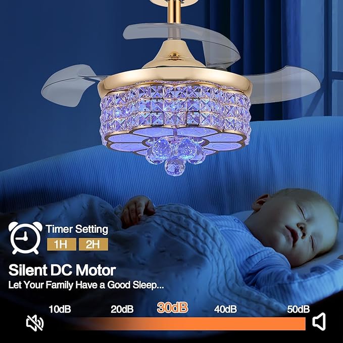 30" RGB Retractable Crystal Ceiling Fan with Light Dimmable Bluetooth Chandelier Fan, 6-Speed Timer, APP Remote Control for Bedroom,Gold