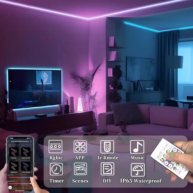 65.6ft Smart RGB LED Strip Lights (2×32.8ft) – App & Remote Control, Music Sync Color Changing Lights for Bedroom & Tent
