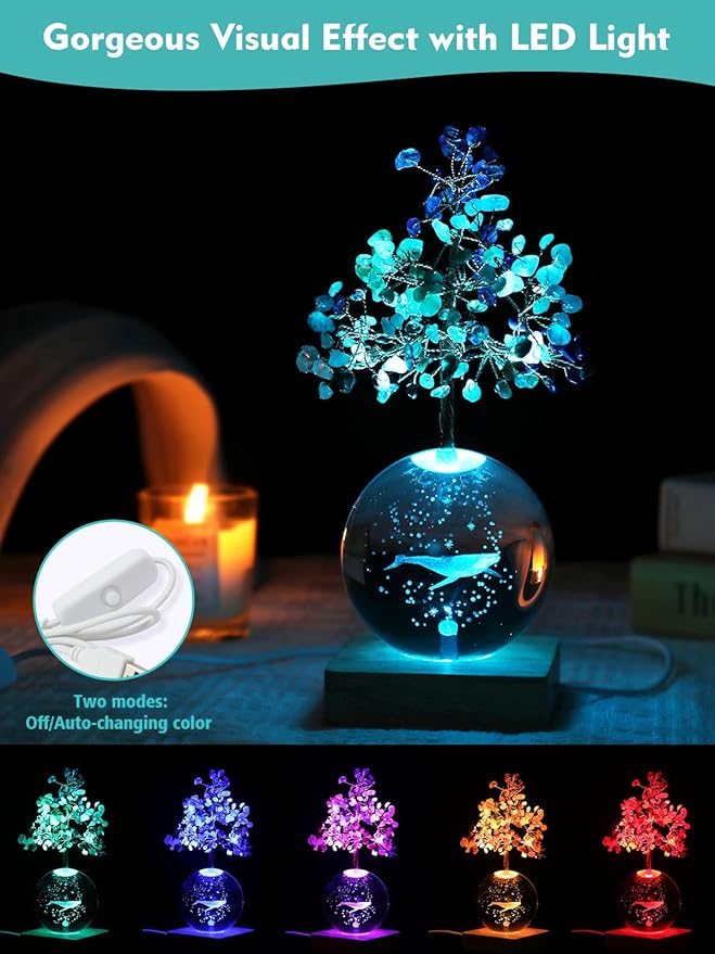 Crystal Tree of Life, 7 Chakra Healing Tree with Multicolor Night Light for Home Decor, Office Desk Decor, Birthday Gift for Women, Christmas, Thanksgiving (3D Whale)