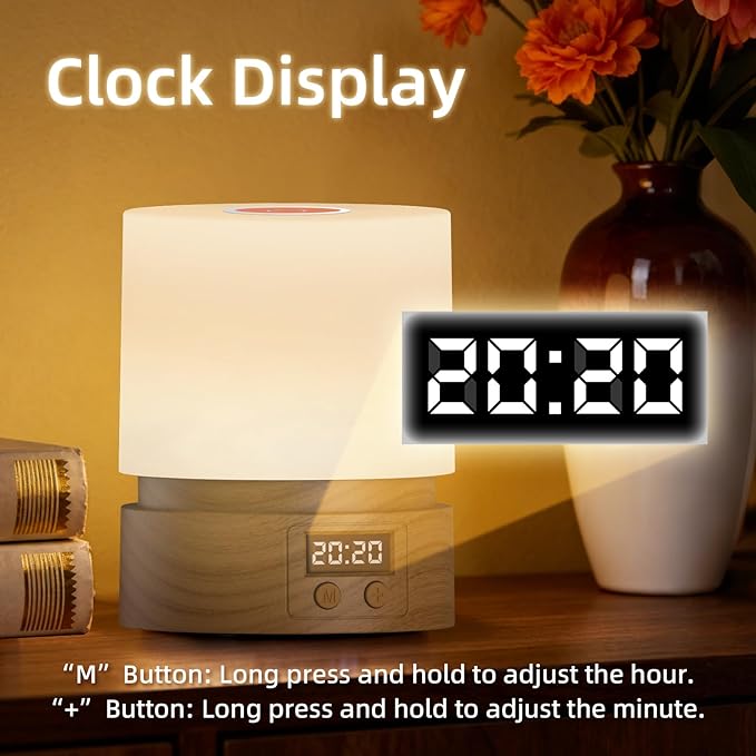 Nursery Night Light with Clock for Kids, Touch Lamp Bedside Desk Lamp, Portable Breastfeeding Night Lamp for Baby, 3 Color Stepless Dimming Up for Restaurant,Bedroom,Rechargeable (Wood Grain)
