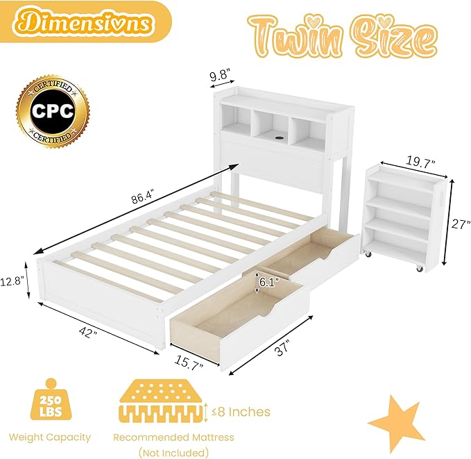Kids Twin Bed Frame with Drawers & Storage Headboard, Solid Wood Platform Bed with Pull-Out Cabinet, Built-in LED Light & Charging Station, No Box Spring Needed, White