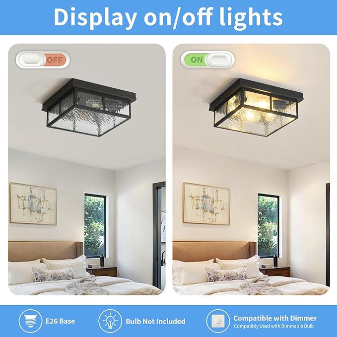 Farmhouse Flush Mount Ceiling Lights Fixtures with Water Ripples Glass Shade,Modern Matte Black Metal Square Ceiling Lamp for Bedroom,Kitchen,Porch,Entryway and Hallway,12 inch,4-Light