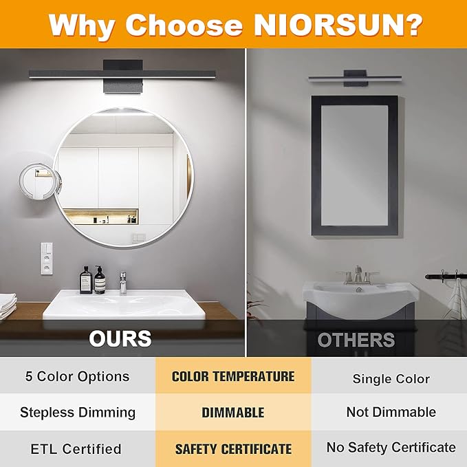 NIORSUN 23.6 inch Black Bathroom Vanity Light,14W 5CCT Dimmable LED Bathroom Lighting Fixtures Over Mirror, Modern Vanity Lights for Bathrooms Restroom Mirror- ETL Certified