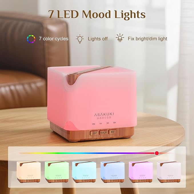 ASAKUKI Essential Oil Diffuser for Home, Large 700 ml Aromatherapy Humidifier with Top 6 Essential Oil Sets, Automatic Shut-Off, 7 LED Lights for Living Room, Kitchen, Bedroom, Hotel - Yellow