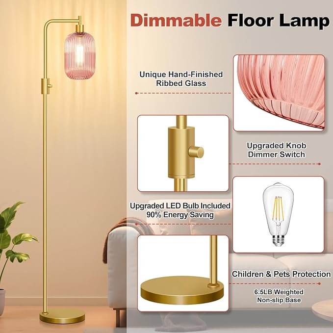 【Upgraded】 Dimmable Glass Floor Lamp for Living Room, Modern Gold Standing Lamp with Pink Ribbed Glass Lampshade & Knob Dimmer, Arc Tall Lamp for Bedroom Office Reading Room, 2700K Led Bulb Included