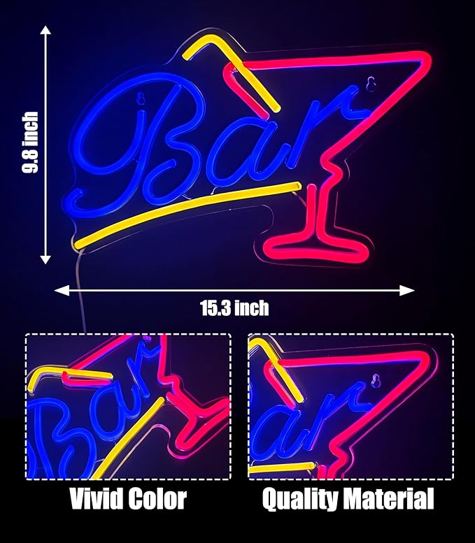 Bar Neon Sign Led Wall Decor Man Cave Neon Light Up Signs Wall Art for Bar Wine Home Room Bedroom USB Powered 15.3"x9.8"