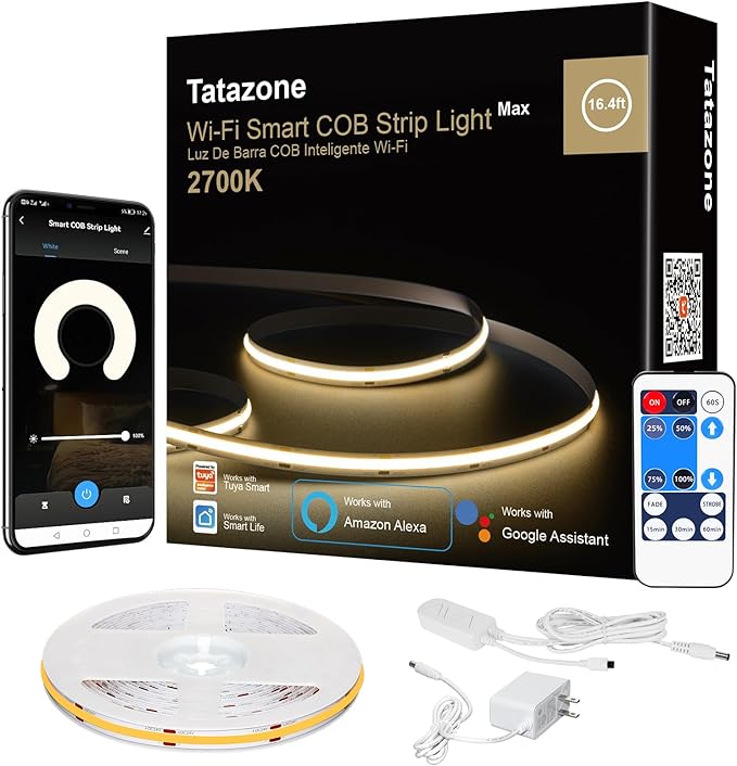 Smart White COB Led Strip Light with App and Remote, 16.4ft 2700K Bright Warm Color WiFi COB Light Strip Compatible with Alexa Google, Dimmable Indoor Led Lights for Mirror, Cabinet, Kitchen