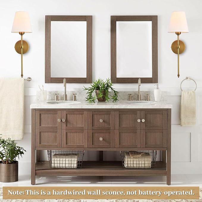 Bsmathom Wall Sconces Sets of 2, Hardwired Classic Brushed Brass Sconces Wall Lighting, Bathroom Vanity Light Fixture with Fabric Shade for Bedroom Living Room Hallway Kitchen, Gold