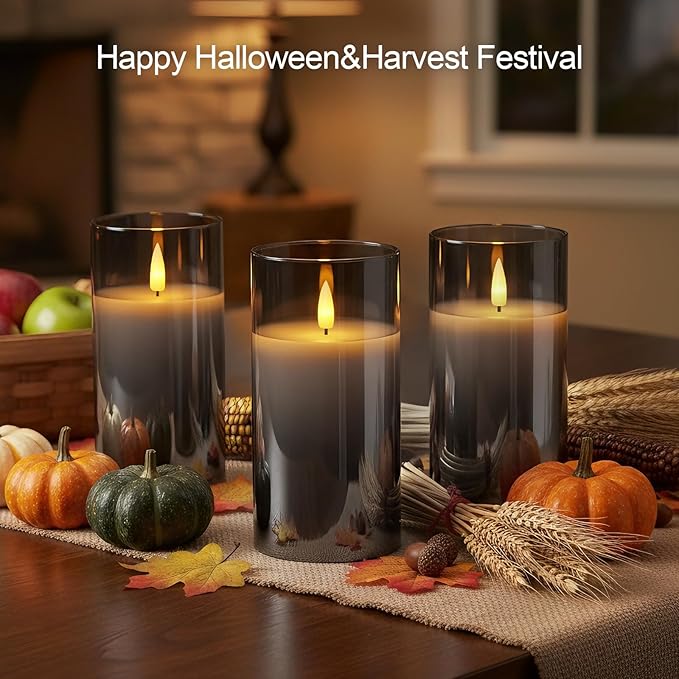 5plots Flameless Battery Operated Candles Set of 2, Gray LED Candles with Remote Timer, Real Wax Glass Pillar Candles Warm Flickering Light for Indoor Home, Halloween, Christmas Decor D3 x H6 6"