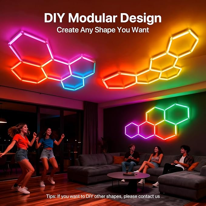 HYPERLITE Hexagon Garage Lights: 8 Grid Hexagon LED Lights with Music Sync Mode, App & Remote Control, Multi-Color Honeycomb Light for Gaming Room, Gym, Garage