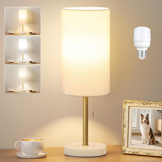 Dicoool Tall Bedside Table lamp for Bedroom - Luxury Marble Base & 3 Color Temperatures Bedside Lamps, Pull Chain Gold Table Lamps, White Nightstand Lamps for Living Room/Guest Room